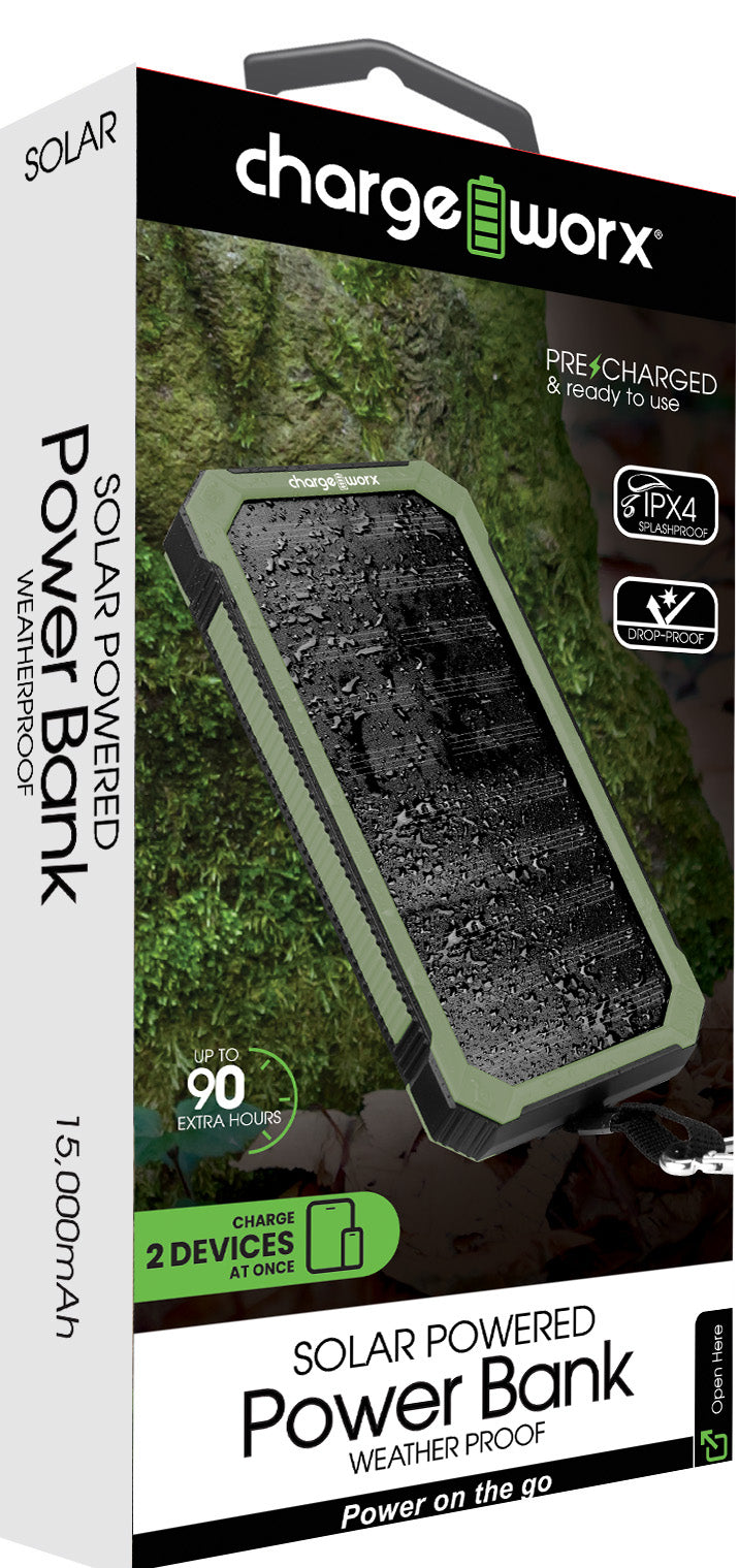 Solar Powered Power Bank - Weatherproof 15,000 mAh